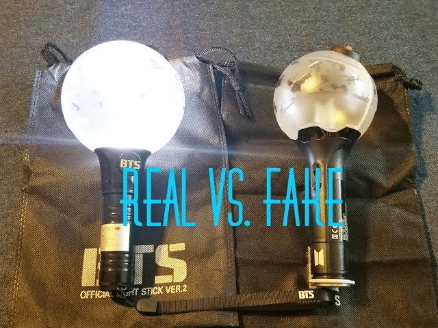 this image shows the light brightness difference between the real and fake kpop lightstick
