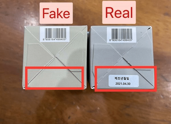 This image shows the box labels differences between a real and a fake kpop lightstick box.