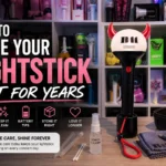 blog cover image for a K-pop lightstick care guide featuring a BABYMONSTER-style lightstick displayed on a desk with cleaning tools, storage case, and microfiber cloth in front of a large shelf filled with various K-pop lightsticks. Bold text reads ‘How to Make Your Lightstick Last for Years’ with icons for protection, cleaning, battery tips, and proper storage.