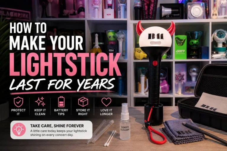 A lightstick on a desk next to a microfiber cloth and a storage case