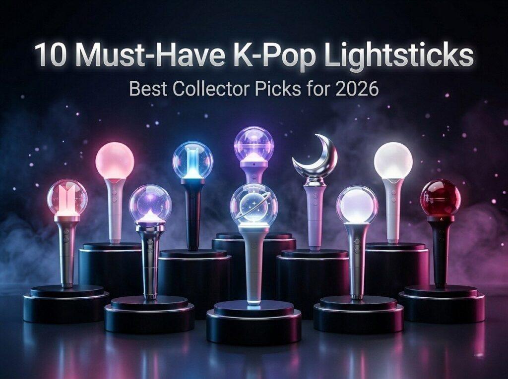 Premium editorial cover image showcasing a futuristic K-pop merchandise display featuring a curated lineup of glowing lightsticks in different designs and colors (pink, blue, purple, red, white). The lightsticks are arranged symmetrically on sleek black and metallic podiums inside a dark cinematic studio with neon gradients, soft fog, and reflective flooring. Large modern typography reads “10 Must-Have K-Pop Lightsticks” with a subtitle “Best Collector Picks for 2026,” creating a luxury blog hero banner aesthetic for a K-pop shop article.