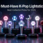 Premium editorial cover image showcasing a futuristic K-pop merchandise display featuring a curated lineup of glowing lightsticks in different designs and colors (pink, blue, purple, red, white). The lightsticks are arranged symmetrically on sleek black and metallic podiums inside a dark cinematic studio with neon gradients, soft fog, and reflective flooring. Large modern typography reads “10 Must-Have K-Pop Lightsticks” with a subtitle “Best Collector Picks for 2026,” creating a luxury blog hero banner aesthetic for a K-pop shop article.