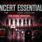 Cinematic BABYMONSTER concert essentials poster featuring CHOOM tour merch, official-style lightsticks, caps, apparel, and a fan checklist against a dramatic K-pop concert stage background with red lighting and crowd effects.