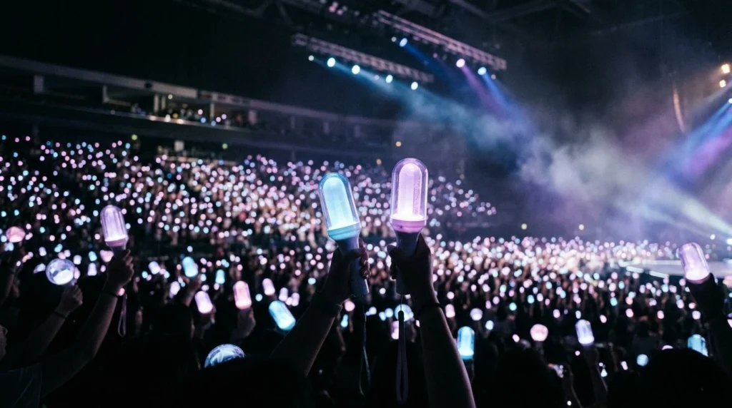 A sea of glowing K-pop lightsticks held aloft in a dark indoor arena, viewed from a low angle looking upward toward the stage lights.