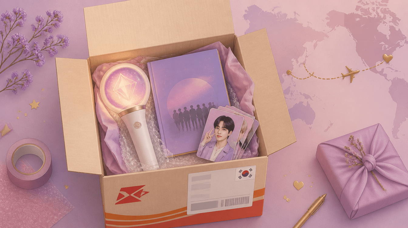 Korea shipping calculator: lightstick, album, and photocards packed in a Korea Post parcel for international shipping