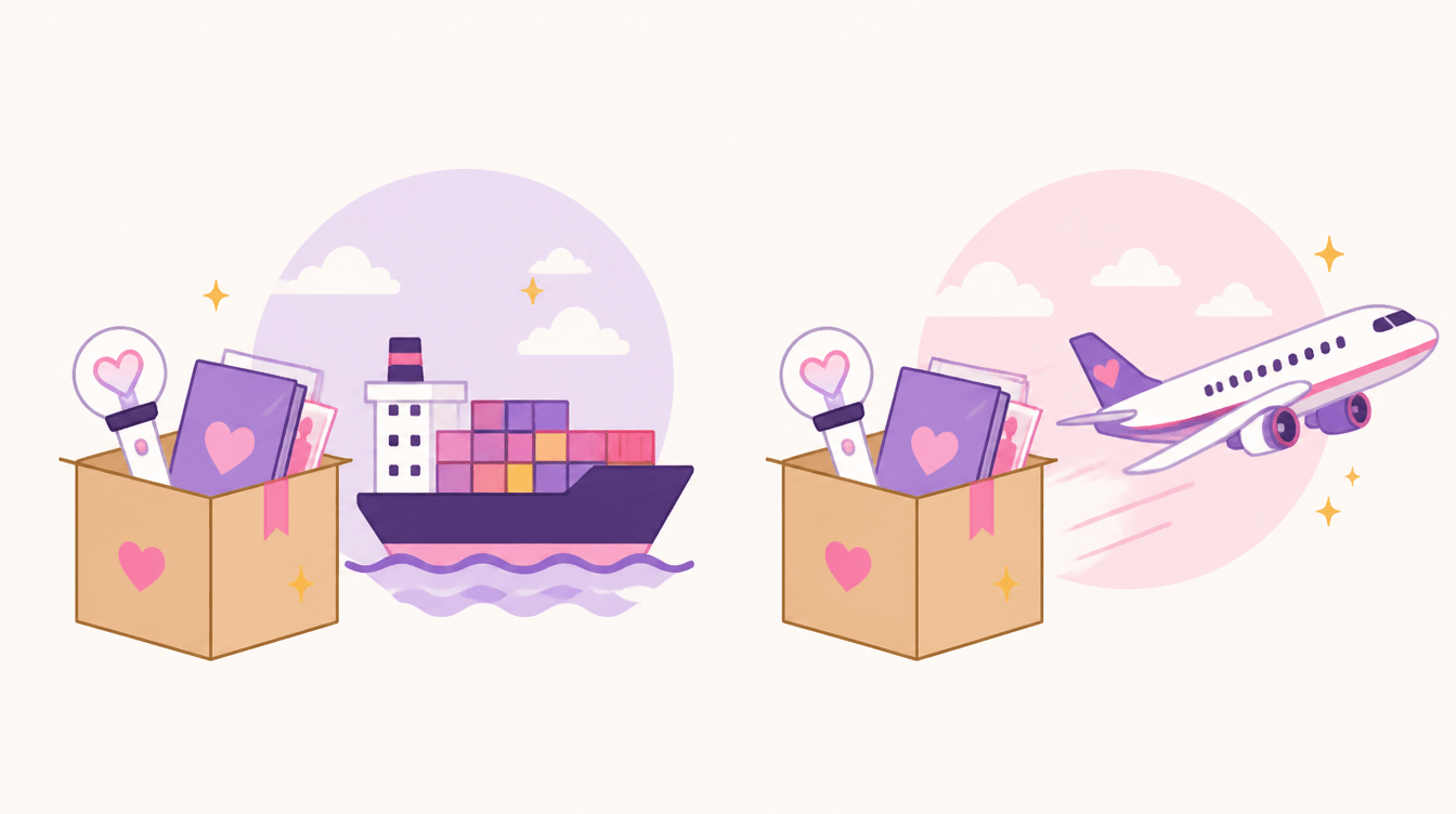 K-Packet vs EMS compared side by side in the Korea shipping calculator, economy versus express shipping from Korea