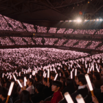 Thousands of official K-pop lightsticks glowing in a synchronized wave across a packed concert arena