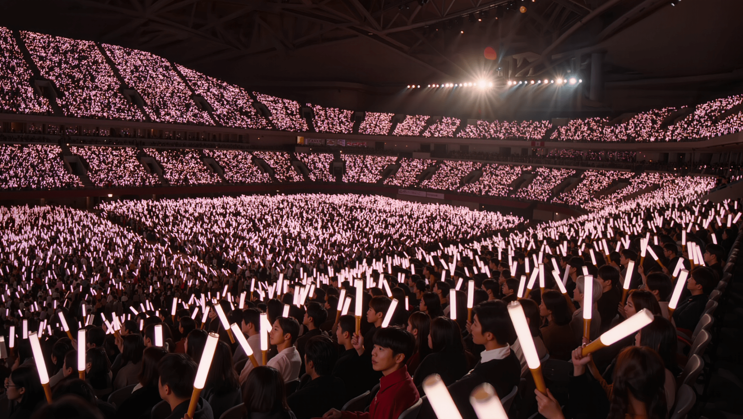 Thousands of official K-pop lightsticks glowing in a synchronized wave across a packed concert arena