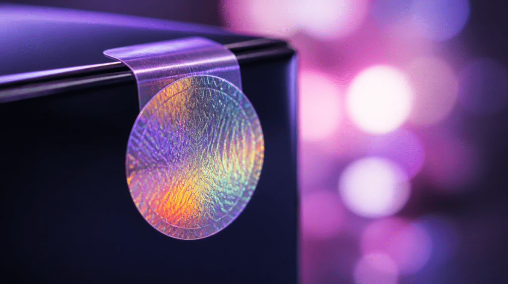 Close-up of a holographic security seal on official K-pop lightstick packaging, shifting color under light