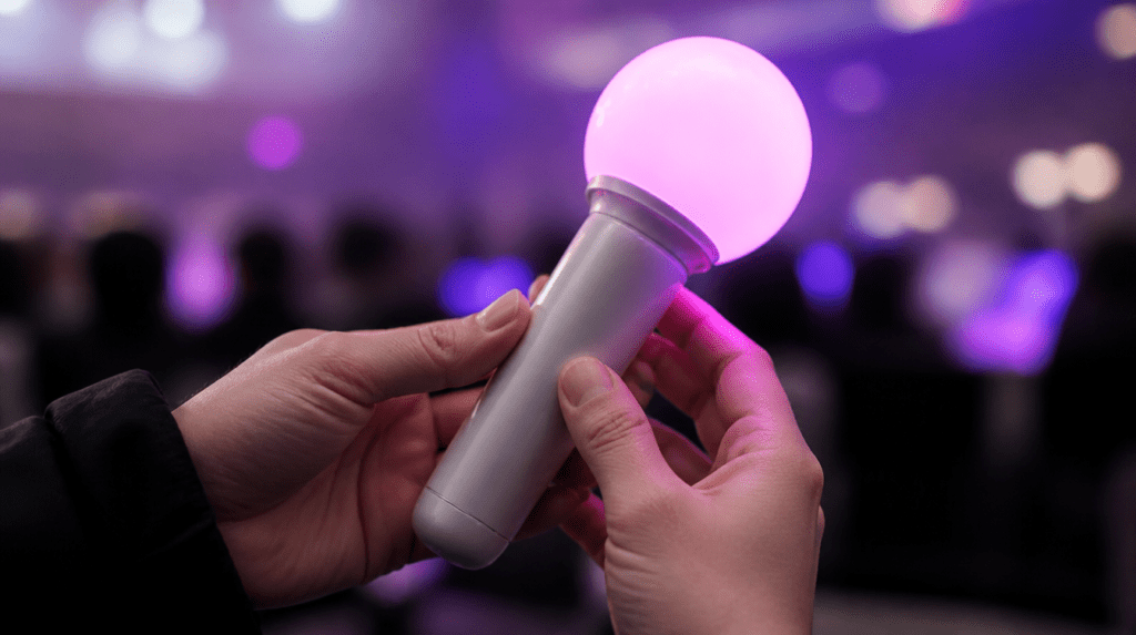 Fan checking the weight and build quality of an official K-pop lightstick by hand at a concert