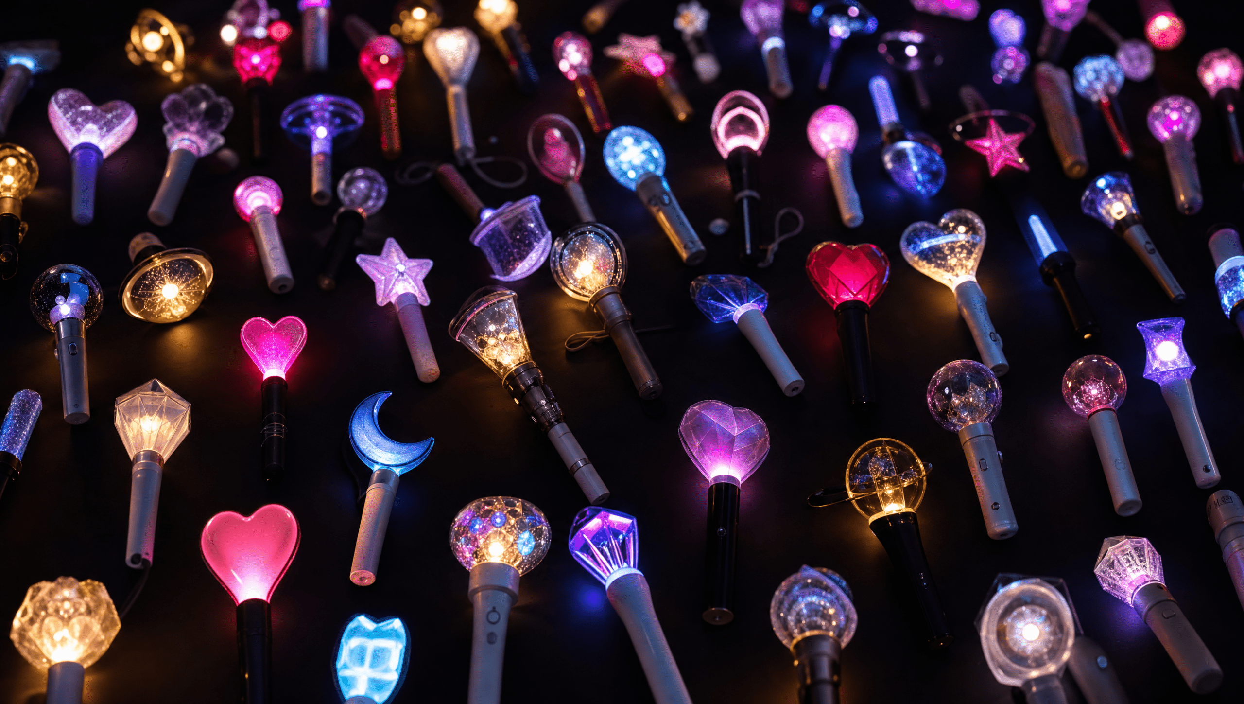 A dark, moody flat-lay of dozens of colorful glowing official K-pop lightsticks in different shapes — hearts, stars, moons, orbs and crystal-cut designs — representing the wide variety of lightsticks covered in the database below.
