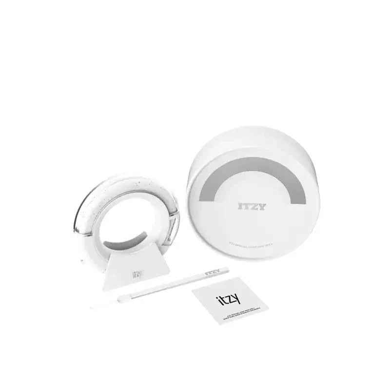 ITZY official light ring on its stand next to its round case, a circular K-pop fan light rather than a lightstick